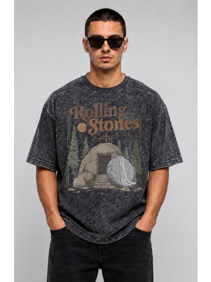 Fuddy Moda Unisex Oversize Rock Band Rolling Stones Baskılı Yıkamalı Vintage Tişört