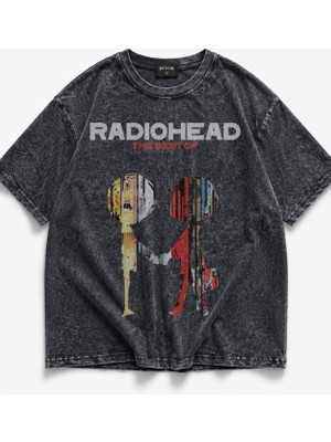 Fuddy Moda Unisex Radiohead The Best Of Baskılı Yıkamalı Tişört, Oversize Rock Band Temalı Retro Tshirt