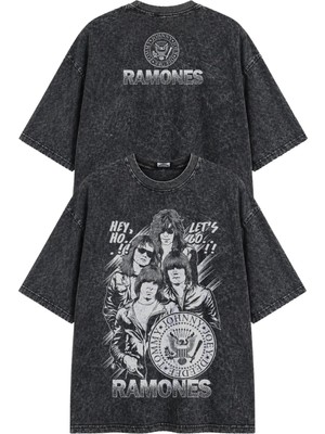 Fuddy Moda Unisex Ramones Hey Ho Lets Go Ense Baskılı Yıkamalı Tişört, Oversize Rock Band Temalı Tshirt