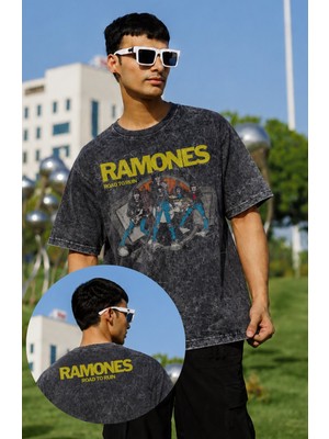 Fuddy Moda Unisex Ramones Road To Run Ense Baskılı Yıkamalı Tişört, Oversize Rock Band Temalı Vintage Tshirt