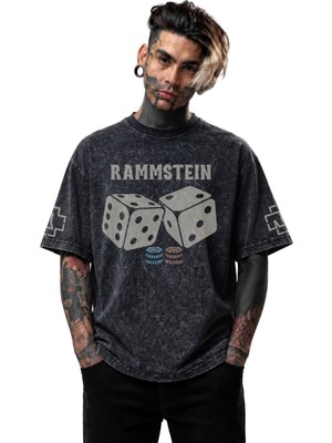 Fuddy Moda Unisex Rammstein Logo Kol Baskılı Yıkamalı Tişört, Oversize Rock Band Temalı Tshirt
