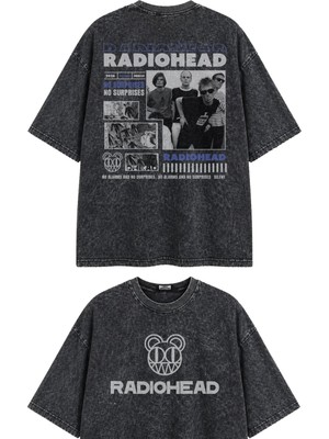 Fuddy Moda Unisex Radiohead No Surprises Sırt Baskılı Yıkamalı Tişört, Oversize Rock Band Temalı Retro Tshirt