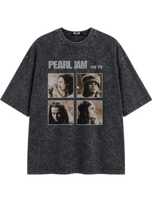 Fuddy Moda Unisex Pearl Jam On Tv Baskılı Yıkamalı Tişört, Oversize Rock Band Temalı Retro Tshirt