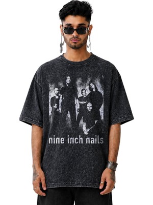 Fuddy Moda Unisex Nın Nine Inch Nails Members Baskılı Yıkamalı Tişört, Oversize Rock Band Temalı Retro Tshirt