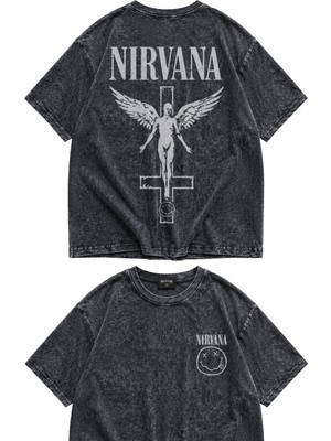 Fuddy Moda Unisex Nirvana Angel Sırt Baskılı Yıkamalı Tişört, Oversize Rock Band Temalı Vintage Tshirt