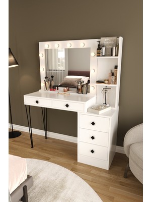 Dekorfim DF02121 LED Işıklı Aynalı Makyaj Masası Raflı Çekmeceli Beyaz Hollywood Model Makyaj Organizer