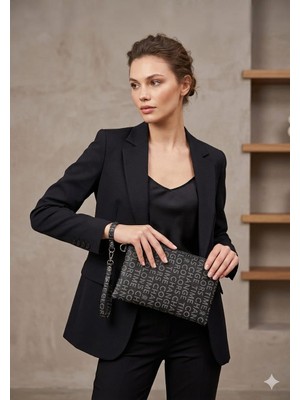 Yonca Outlet Siyah -Krem-Lacivert Clutch Çanta -23X14 cm Fermuarlı Şık El Çantası Günlük Kullanım