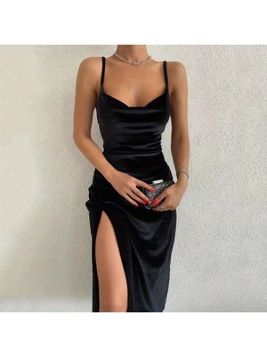 Efnaz Style Kadın Askılı Degaje Yakalı Yırtmaçlı Kadife Midi Elbise