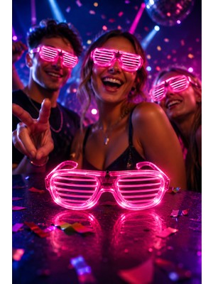 Dodomar Panjur Parti Gözlüğü LED Işıklı Pembe Lüks Neon Çerçeveli Festival Kostüm Aksesuarı