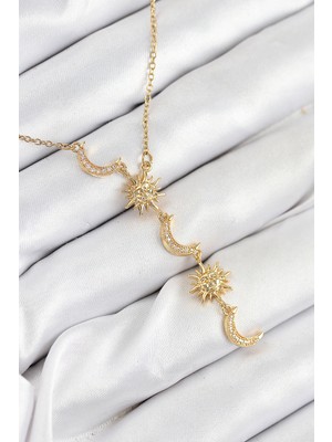 Mbb E-Ticaret 316L Çelik Zirkon Taşlı Güneş ve Ay Model Gold Renk Kadın Kolye
