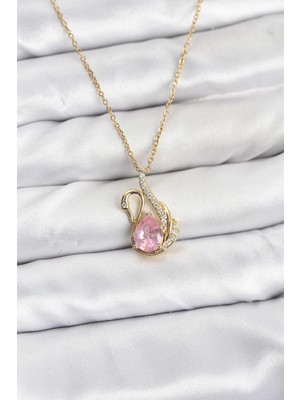 Mbb E-Ticaret 316L Çelik Zincir Gold Renk Pembe Kuğu Model Zirkon Taşlı Kadın Kolye