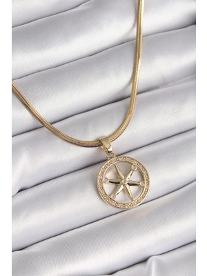 Mbb E-Ticaret 316L Çelik Gold Renk Italyan Zincir Zirkon Taşlı Kutup Yıldız Model Kadın Kolye