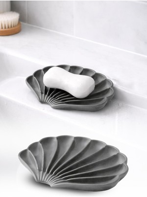 Omilife Gri İstiridye Silikon Katı Sabunluk Su Giderli Kaymaz Banyo Mutfak Organizeri 11 cm