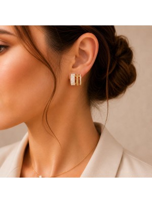 Sevil Gülgün Atelier Xuping Chic 14K Altın Kaplama Minimal Çelik Inci ve Zirkon Sıralı Taş Kadın Küpe