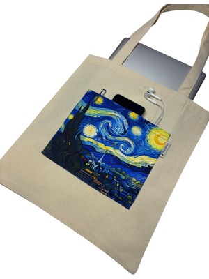 Atölye Smyrna Cepli Bez Çanta, Plaj Çantası, Yüzde Yüz Pamuk Kalın Ribs Kumaş ( Yıldızlı Gece , Van Gogh )