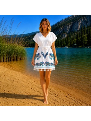 Pırlanta Textile Kadın Beachwear Plaj Elbisesi Pareo Bambu Peştemal Filli Desen Beyaz V Yaka