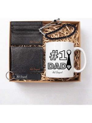 vegahediye v vega Babalar Gününe Özel Kişiye Özel Erkek Cüzdan & Kartlık & Tesbih & Siyah Anahtarlık & #1 Dad Tasarımlı Kupa Bardak Hediye Seti, Babalar Günü Hediye Seti, Babaya Hediye, Erkeğe Hediye