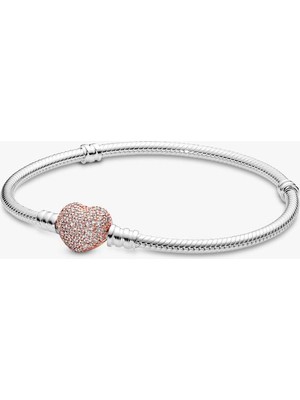 Pandora Pavé Kalp Tokalı Yılan Zincir Bileklik 925 Ayar Gümüş, 14 Ayar Pembe Altın Kaplama