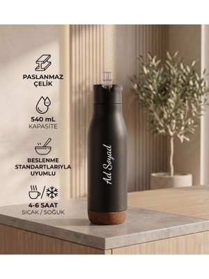 vegahediye v vega Kişiye Özel Doğal Görünümlü Taban Detaylı Termos - 540ML Siyah