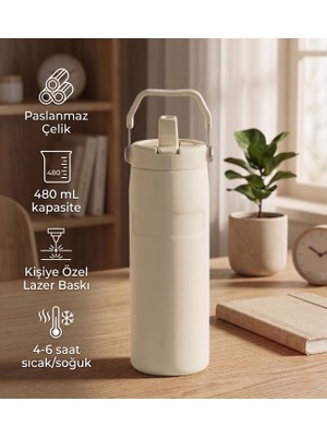 vegahediye v vega Taşıma Saplı Pipetli Paslanmaz Çelik Termos 480 ml