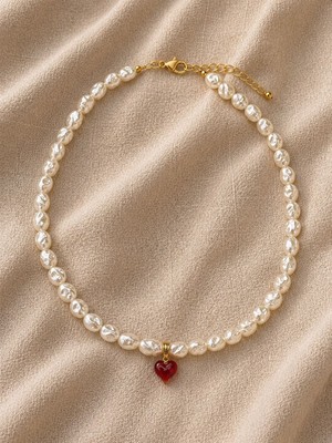 Sun Jewellery Kırmızı Kalp Uçlu Inci Kolye