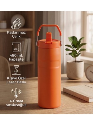 vegahediye v vega Taşıma Saplı Pipetli Paslanmaz Çelik Termos 480 ml