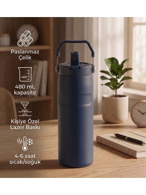 vegahediye v vega Taşıma Saplı Pipetli Paslanmaz Çelik Termos 480 ml