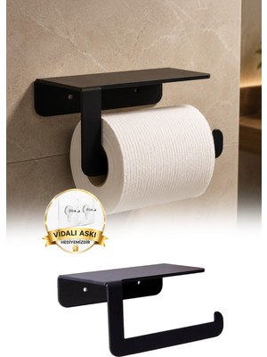 Omilife Siyah Metal Raflı WC Kağıtlığı Telefon Koymalı Tuvalet Kağıdı Askısı Hediyelik 15 cm