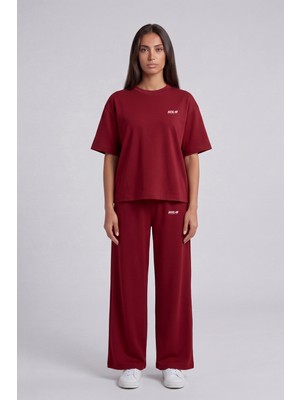 Backlain Mod Style Unisex Oversize 2’li Takım Tişört Pantolon Bordo Rengi %100 Pamuk Rahat Kalıp