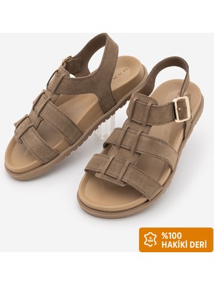 Marjin Kadın Hakiki Deri Bilekten Bantlı Şeritli Günlük Sandalet Sovena Camel Süet