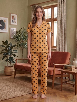 Sleeproom Yazlık Düğmeli Büyük Kalp Desen Turuncu Kısa Kol Pijama Takımı