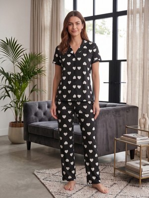 Sleeproom Yazlık Düğmeli Büyük Kalp Desen Siyah Kısa Kol Pijama Takımı