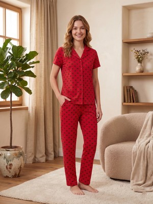 Sleeproom Yazlık Düğmeli Küçük Kalp Desen Kırmızı Kısa Kol Pijama Takımı