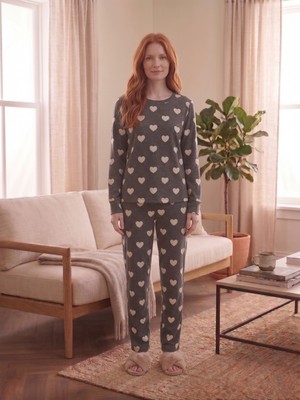 Sleeproom Bisiklet Yaka Büyük Kalp Desen Antrasit Uzun Kol Pijama Takımı