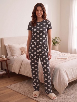 Sleeproom Bisiklet Yaka Büyük Kalp Desen Antrasit Kısa Kol Pijama Takımı