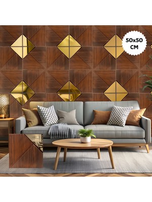 Bella Carpeti 3D Kabartmalı Aynalı Kendinden Yapışkanlı Pvc Duvar Kağıdı Paneli Premium Model Ahşap Renk 1 Adet 50X50CM
