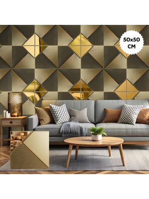 Bella Carpeti 3D Kabartmalı Aynalı Kendinden Yapışkanlı Pvc Duvar Kağıdı Paneli Premium Model Gold Renk 1 Adet 50X50CM