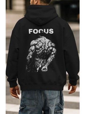 Sevbano Focus Fitness Bodybuilding Gym Sporcu Sırt Baskılı Unisex Oversize Penye Hoodie