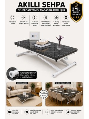 Sehpam Akıllı Home Üst Tabla Mdf Siyah Mermer Oval Köşe Alt Ayak Beyaz