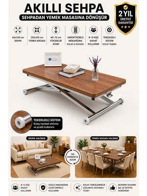 Sehpam Akıllı Home Üst Tabla Mdf Ceviz Oval Köşe Alt Ayak Krom