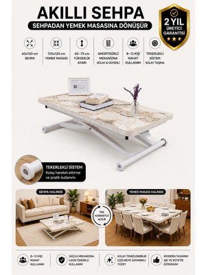 Sehpam Akıllı Home Üst Tabla Mdf Beyaz Mermer Oval Köşe Alt Ayak Beyaz