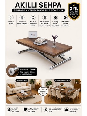 Sehpam Akıllı Home Üst Tabla Mdf Barok Ceviz Oval Köşe Alt Ayak Krom