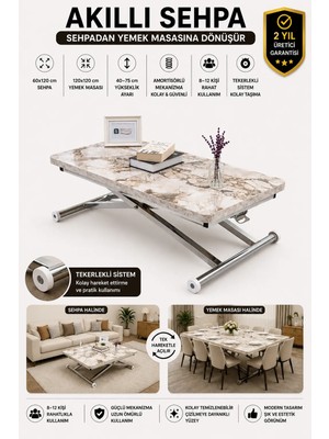 Sehpam Akıllı Home Üst Tabla Mdf Beyaz Mermer Oval Köşe Alt Ayak Krom
