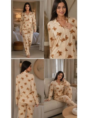 Manolya Milan  Ayıcıklı Bej Uzun Kollu Kadın Pijama  Takımı
