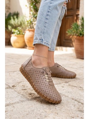 Shoemix Kadın Vizon Lazer Kesim Hakiki Deri Comfort Günlük Rahat Ayakkabı