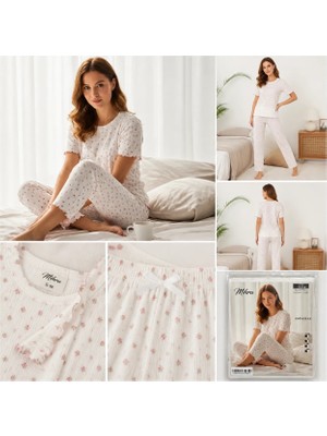 Mihra %100 Coton Ekru Pembe Çiçekli Kısa Kollu Kadın Pijama Takımı ve Gecelik