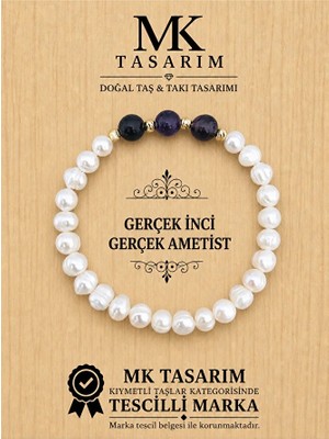 MK Tasarım Gerçek Inci Gerçek Ametist Bileklik MK.7000.840- Rahatlık-Dinginlik-Enerji- Stres Bilekliği