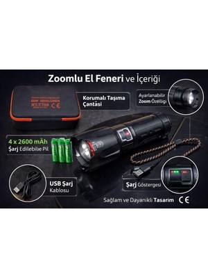 EkoAlışverişDünyam 6000 Lümen 60W Şarjlı El Feneri - 2 Km Menzilli 10400 Mah Powerbank 4 Pilli Metal Fener RT-T709
