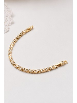 Balenbi Jewelry Kadın Taşlı Üçgen Geometrik Desenli Kararmaz Çelik Bileklik 14K Gold 1144