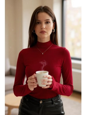 EkoAlışverişDünyam Kadın Bordo Parmak Detaylı Esnek Uzun Kollu Body
